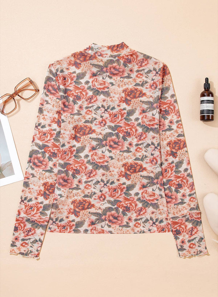 Retro Floral Print Mesh Long Sleeve Top | S-4X