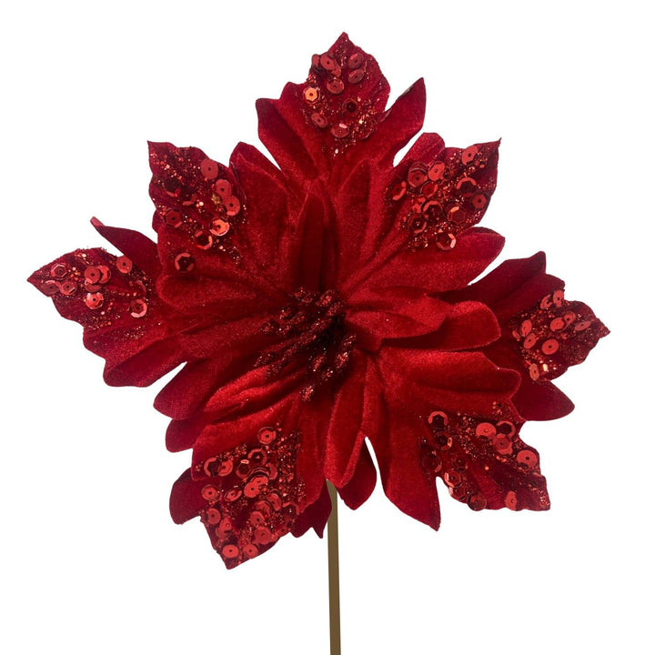 Wavy Cut Velvet Poinsettia Leaf Stem Red 9"