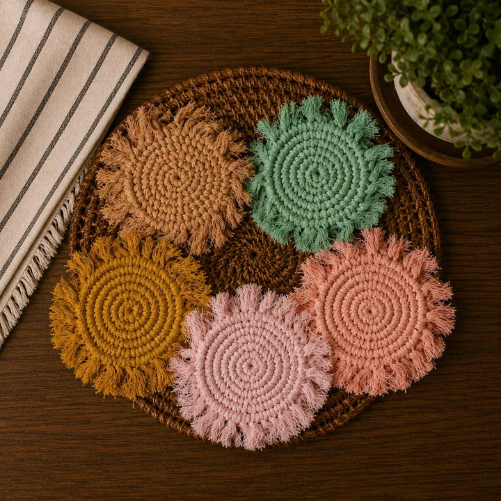 Fabric Tassel Spiral Braided Coasters, Spring Tabletop Decor