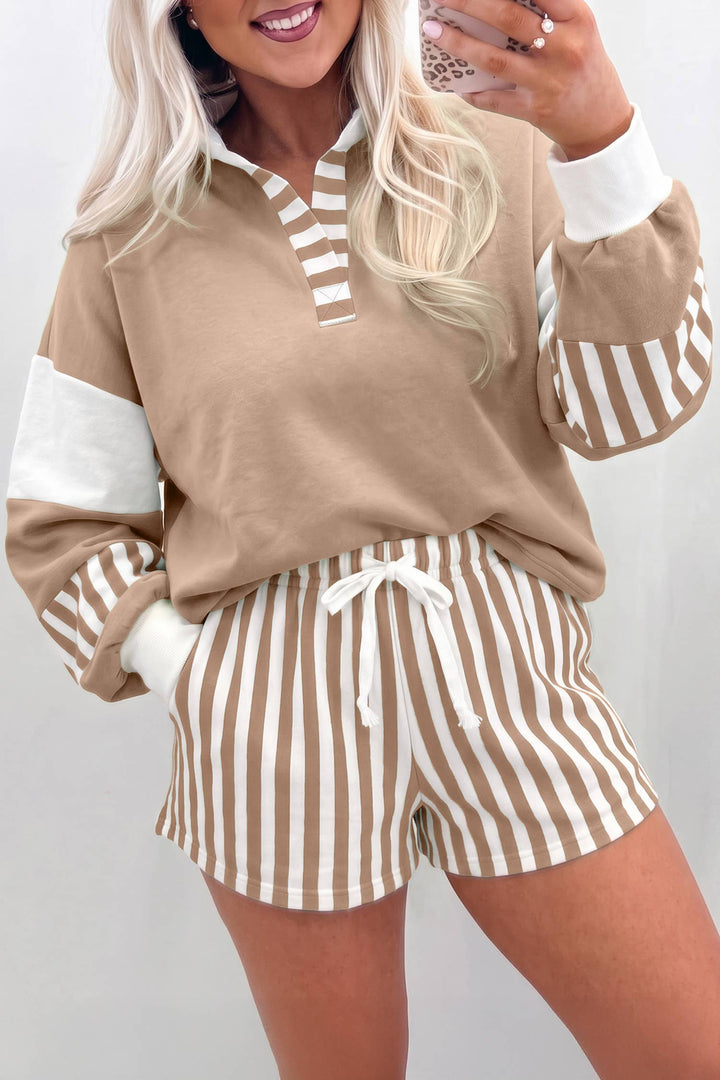 Striped Colorblock Patchwork Sweatshirt &amp; Shorts Set S–4X