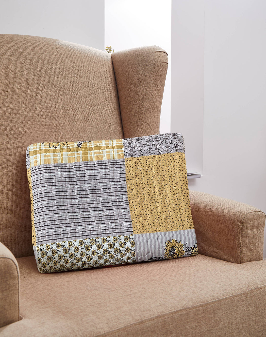 Yellow Grey Floral Patchwork Quilted Throw