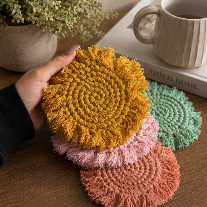 Fabric Tassel Spiral Braided Coasters, Spring Tabletop Decor