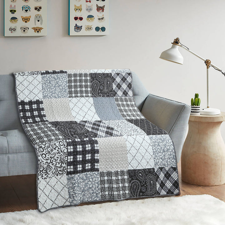 Paisley Patchwork Black Grey Quilted Throw