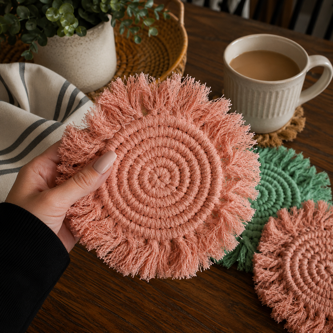 Fabric Tassel Spiral Braided Coasters, Spring Tabletop Decor
