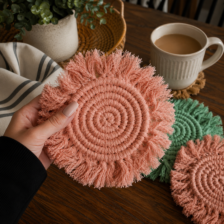 Fabric Tassel Spiral Braided Coasters, Spring Tabletop Decor