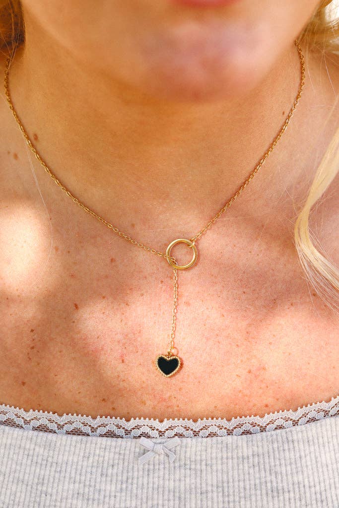 18K Gold PVD Stainless Steel Black Heart Lariat Necklace