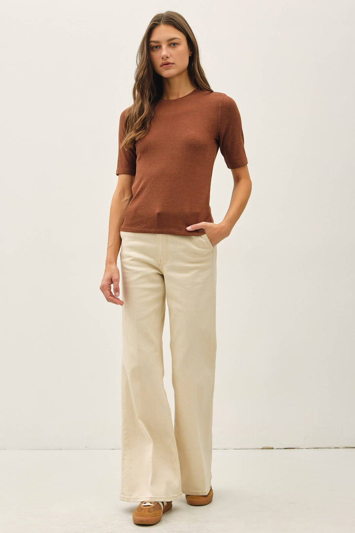 Modal Ribbed Crew Neck Basic Short Sleeve Top