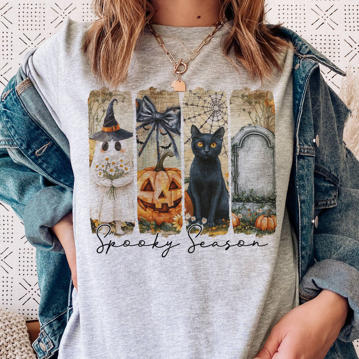 Halloween Spooky Season Black Cat Pumpkin Panel Graphic Tee