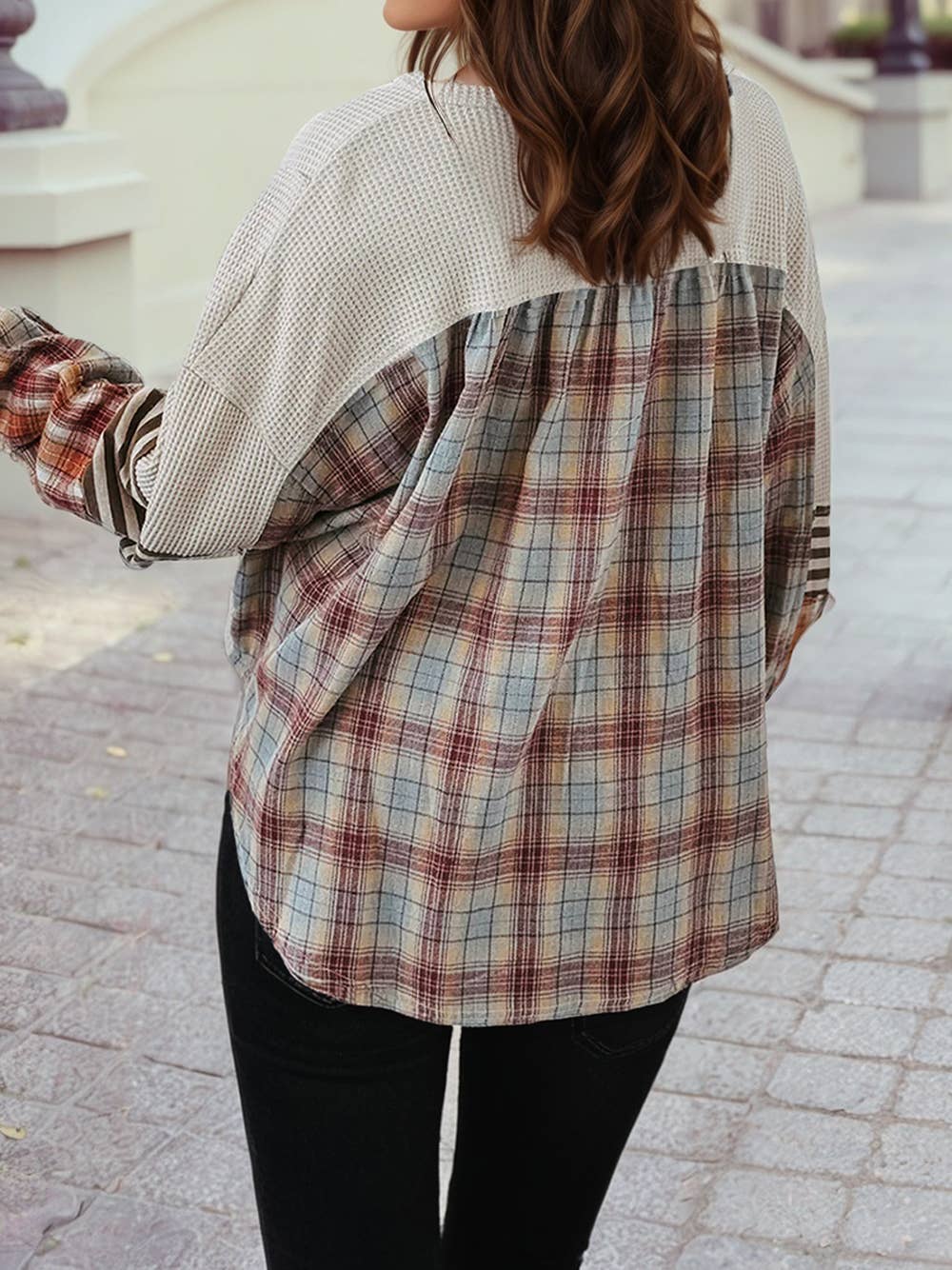 Waffle Stripe Plaid Patchwork Henley Knit Top S-4X