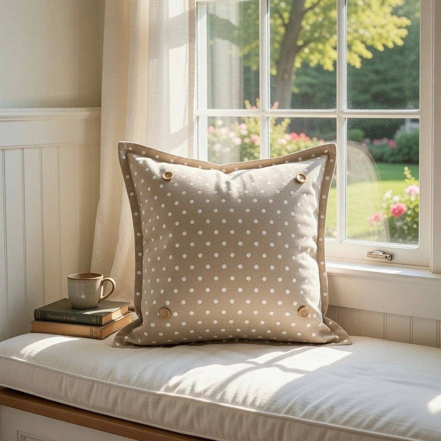 PILLOW ONLY: SQUARE Tan with white spots Pillow; TAN/WHITE POLK-A-DOT PILLOW (with insert)