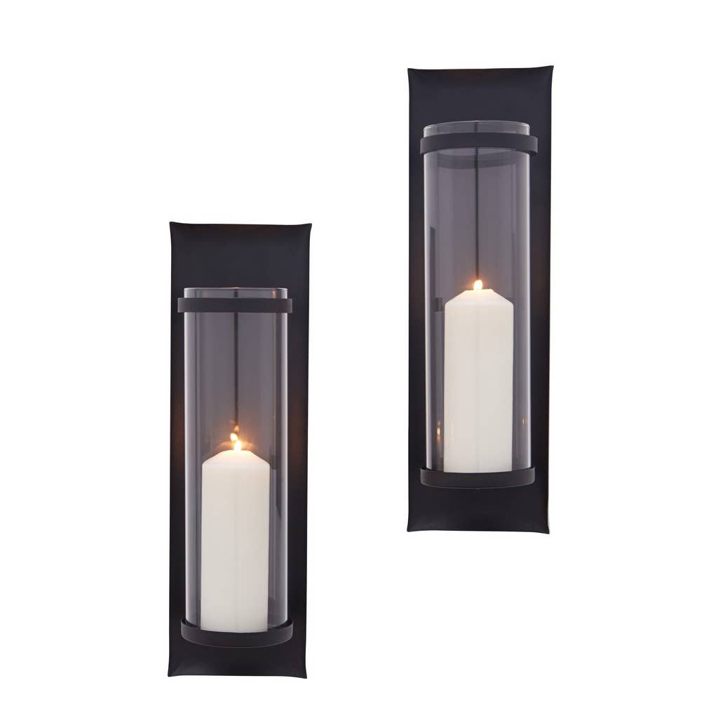 Metal Pillar Candle Sconces with Glass Inserts – Set of 2