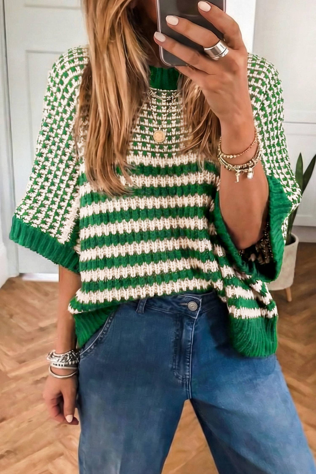 Color Block 3/4 Draped Sleeve Sweater