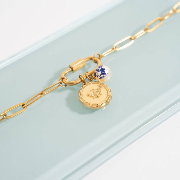 18K Gold PVD Stainless Steel Floral Printed Pearl