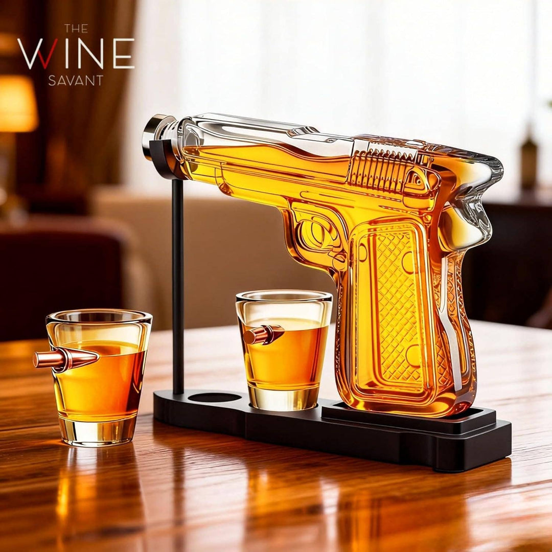 Pistol Gun Decanter Set + 2 Bullet shot Glasses &amp; Wood Stand