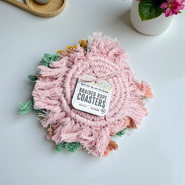Fabric Tassel Spiral Braided Coasters, Spring Tabletop Decor