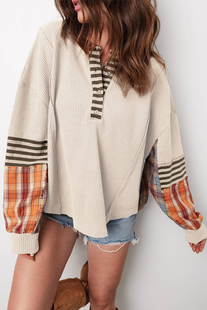 Waffle Stripe Plaid Patchwork Henley Knit Top S-4X