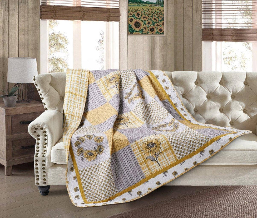 Yellow Grey Floral Patchwork Quilted Throw