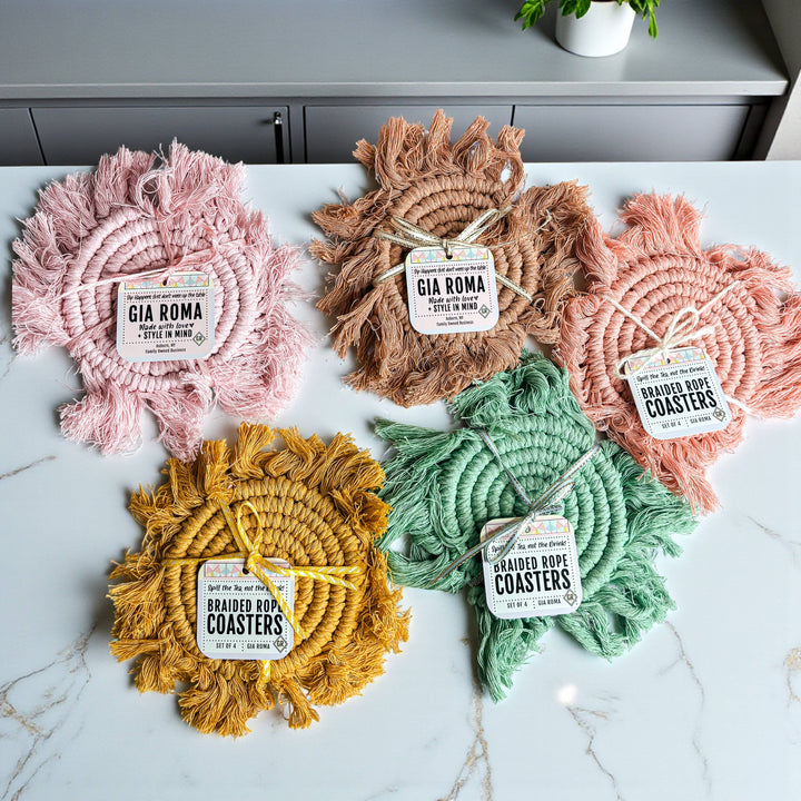Fabric Tassel Spiral Braided Coasters, Spring Tabletop Decor