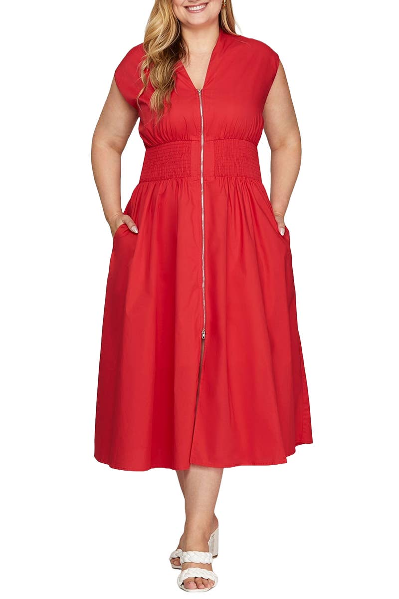 Plus Smocked Waist Front Zip Midi Dress